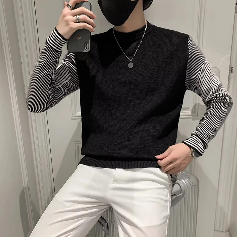 Hehope Spring Autumn New Fashion Round Neck Long Sleeve Pullovers Men's Clothing Patchwork Pocket Knitting Bottoming Shirt Casual Tops