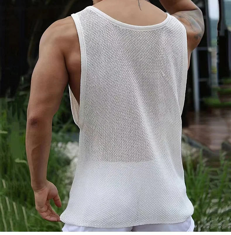 Hehope Summer Thin Knit Vest Men Loose Sleeveless T-shirt Tank Top Sexy Solid Color Hollowed Out Tees Tshirts Knitwear Clothing For Men