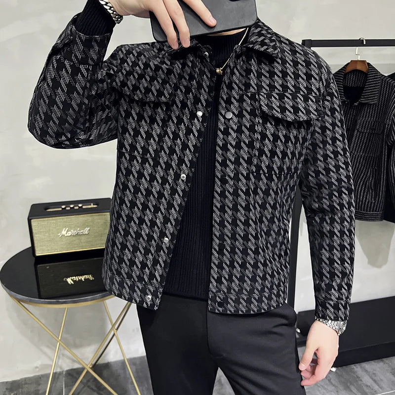 Hehope Autumn Winter Lapel Leather Jacket Men's Slim Fit lattice Thickened Warm Coat Short Streetwear Casual Business Overcoat