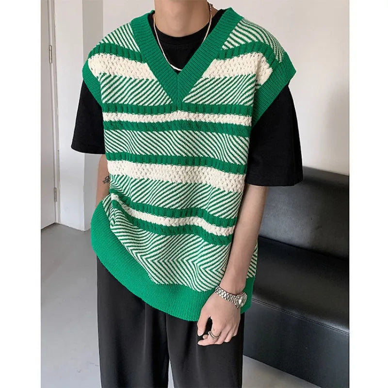 Hehope Autumn New Color Block Striped Sweater Vest for Men Korean Fashion Casual Loose Sleeveless Knitted Sweater Vests Men and Women