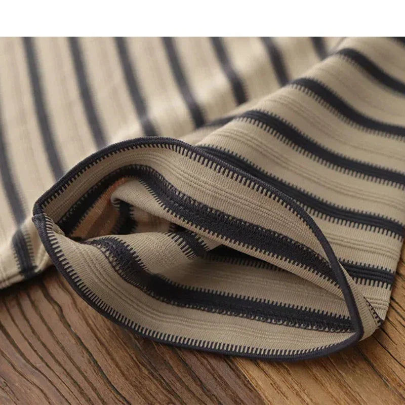 Hehope Striped T-shirt Short-sleeved Men Summer American Retro Casual Contrast Brown Black and White Casual Base Shirt Shirt Men