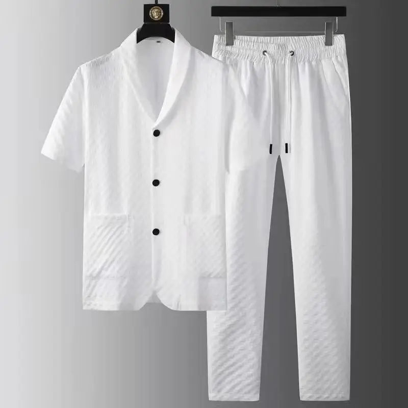 Hehope Fashion Men's Two Piece Sets Spring Summer Casual Short Sleeve Shirts Pants Suit Solid Geometry Pattern Printed Outfit Men