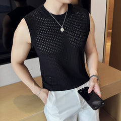 Hehope Summer Mesh Hollow Knitted Vest for Men's Slim Fit Elastic Sleeveless T-shirt Casual Social Streetwear Tee Tops Men Clothing