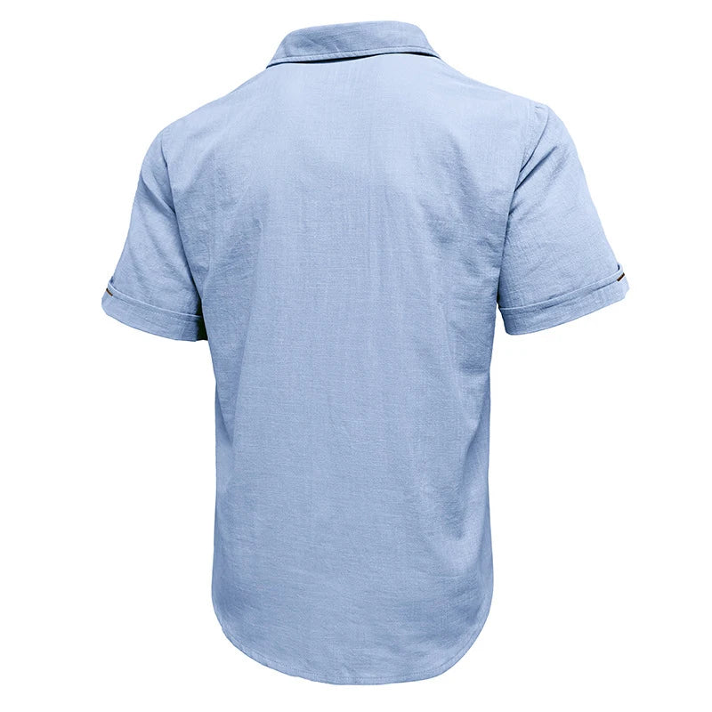 Hehope Leisure Breathable Cotton Linen Polo Shirt For Men Short Sleeve Turn-down Collar Button Tops Spring Summer Mens Pullover Shirts