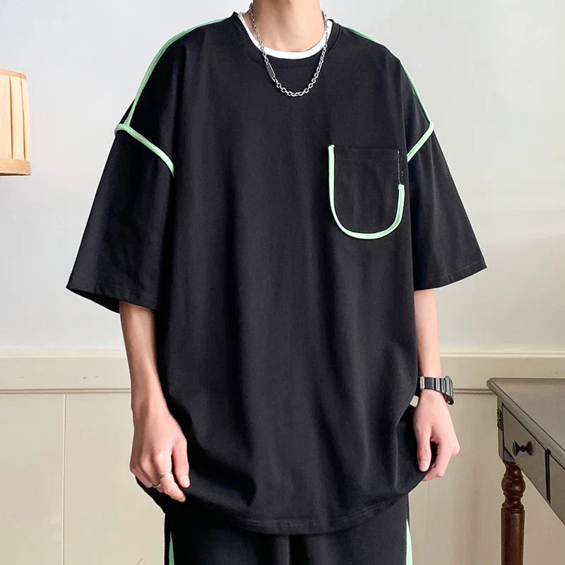 Hehope Summer Men's New Fashion T-shirts Round Neck Half Sleeve Pockets Young Hong Kong Style All-match Daily Loose Casual Tops