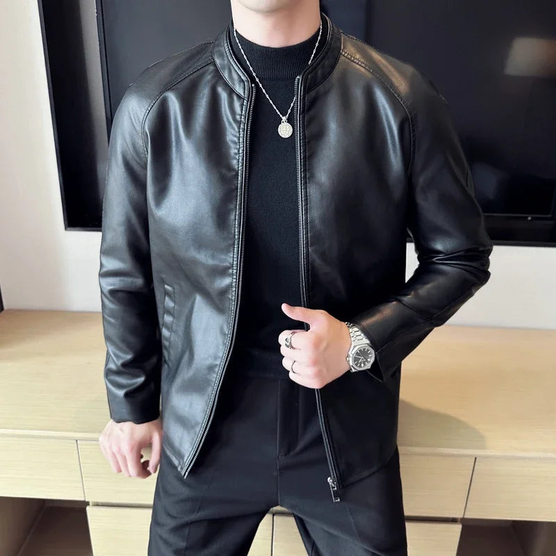 Hehope Men Bomber Leather Jacket Anti-wind Zipper Casual Slim Fit Jacket Coats Motorcycle PU Leather Jacket Fashion Men Clothing