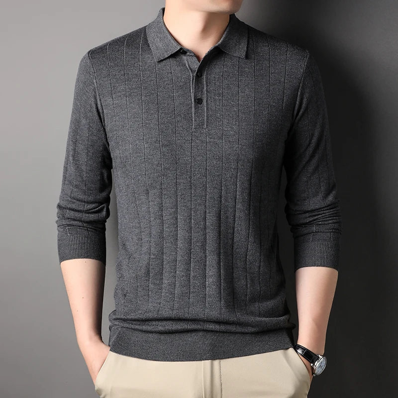 Hehope New  Knitted Sweater Men's Business Fashion Wool Blends Knitted Pullover  Lapel Polo Shirt | Classic Solid Color Pullover