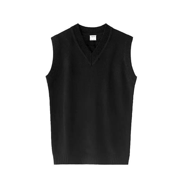 Hehope New Autumn Acrylic Men's Sweater Vest V-neck Pullover Korean Solid Color Loose Casual Black Knitted Sweater Vest for Men