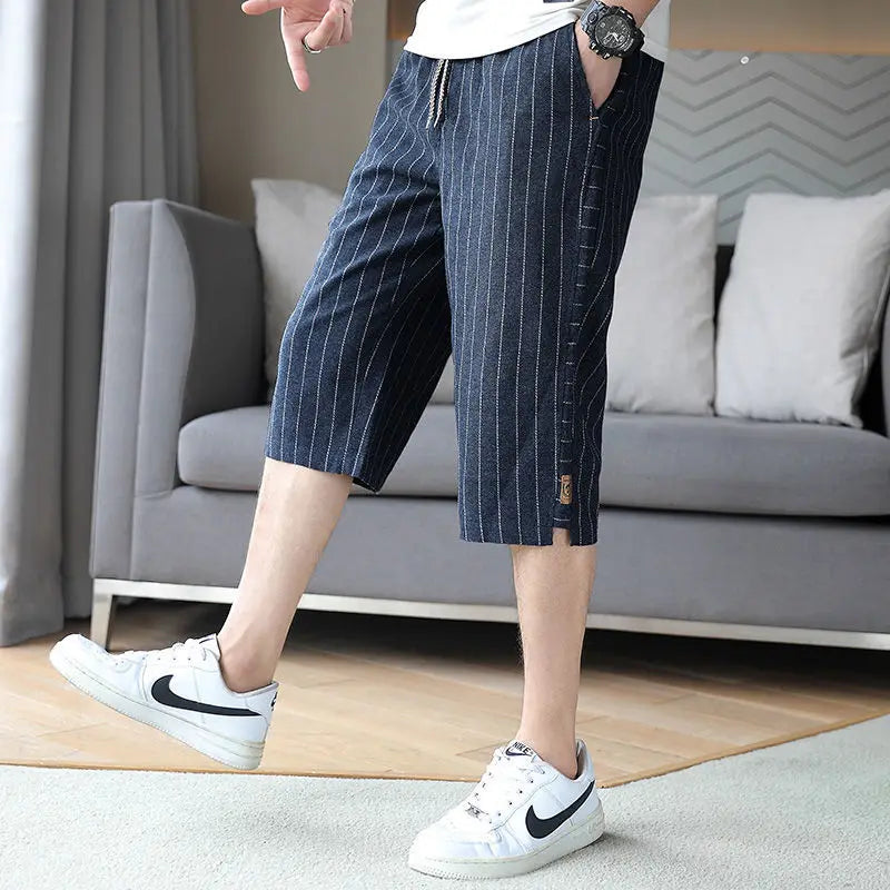 Hehope Summer New Trend Cotton Hemp Thin Straight Casual Capris Men Print Stripe Elastic Waist Drawstring Pocket Versatile Loose Shorts