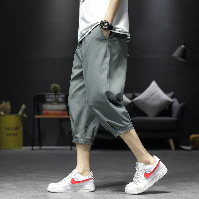 Hehope Cropped Pants Men's Shorts Summer Ice Silk Fashionable Straight Large Size Sports Casual Pants