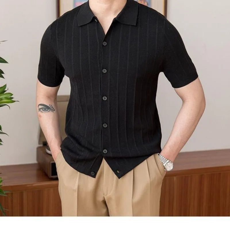 Hehope Simplicity Versatile Summer Solid Color Men's POLO Collar Single Breasted Smart Casual Luxury Short Sleeve Slim Shirts Tops