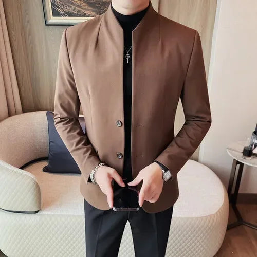 Hehope Autumn Chinese Style Stand Collar Suit Jacket for Men Slim Fit Casual Business Blazers Wedding Groom Dress Coat Costume Homme