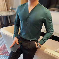 Hehope Solid Color Scarless Elastic Shirt Men Fashion V-neck Slim Casual Business Dress Shirts Social Party Tuxedo Blouse Men Clothing