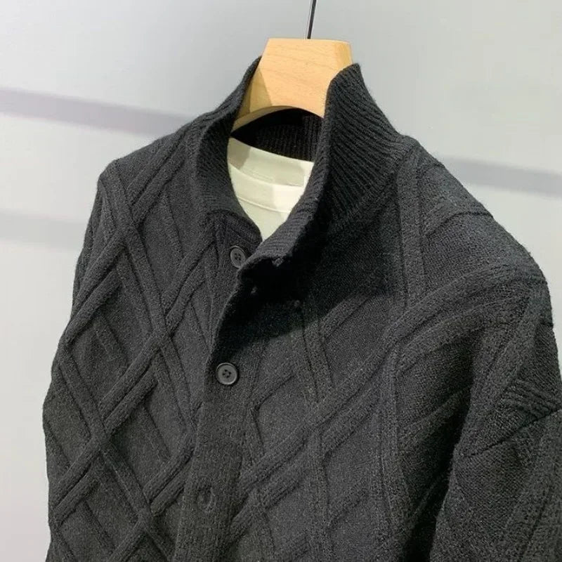 Hehope Knit Sweater Male Solid Color Cardigan Collared Men's Clothing Argyle Plaid Green Plain Cotton Korean Fashion Sweat-shirt Cheap