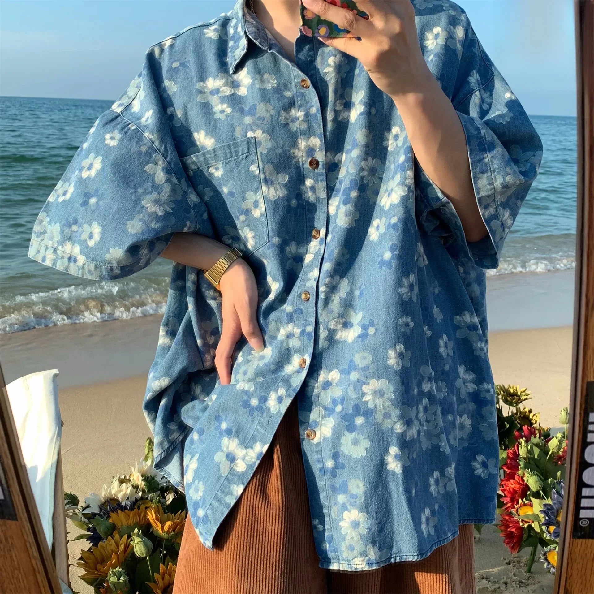 Hehope 2024 Summer New Style Loose-fit Beach Denim Shirt Full Printed Flower Washing Distressed Short Sleeve Casual Shirt