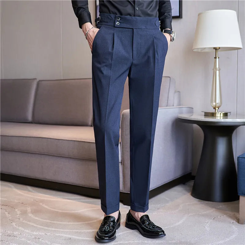 Hehope Men High Waist Casual Dress Pant 2023 Autumn New British Style Pink Trousers Formal Office Social Wedding Party Dress Suit Pants