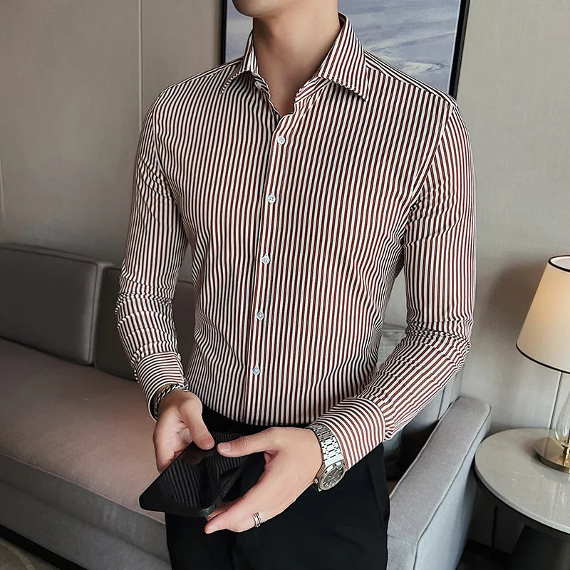 Hehope Striped Shirts for Men Autumn Korean Version Solid Color Casual Long Sleeved Elastic Slim Fit Camisas Fashion Men Clothing