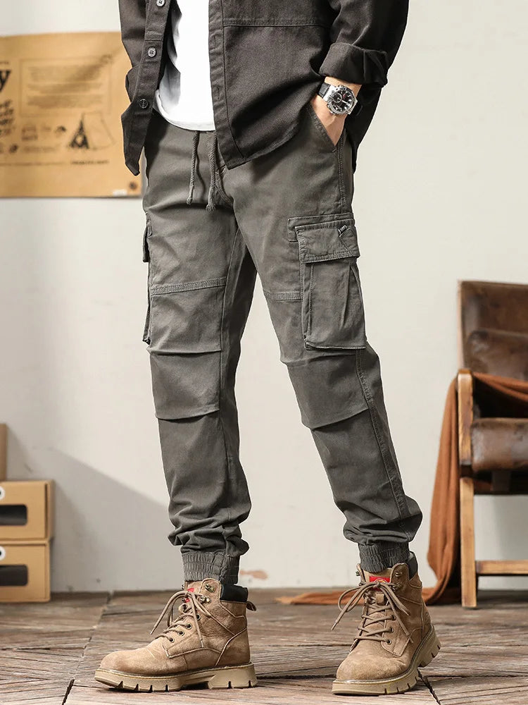 Hehope Autumn New Cargo Pants Men Work Wear Multi-Pockets Ankle-Length Solid Cotton Slim Fit Joggers Male Casual Trousers