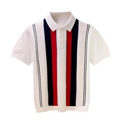 Hehope 2024 Summer Short Sleeve Casual Polo Shirt Men Fashion Button Lapel Striped Knitting Tops For Mens Vintage Knitwear Streetwear