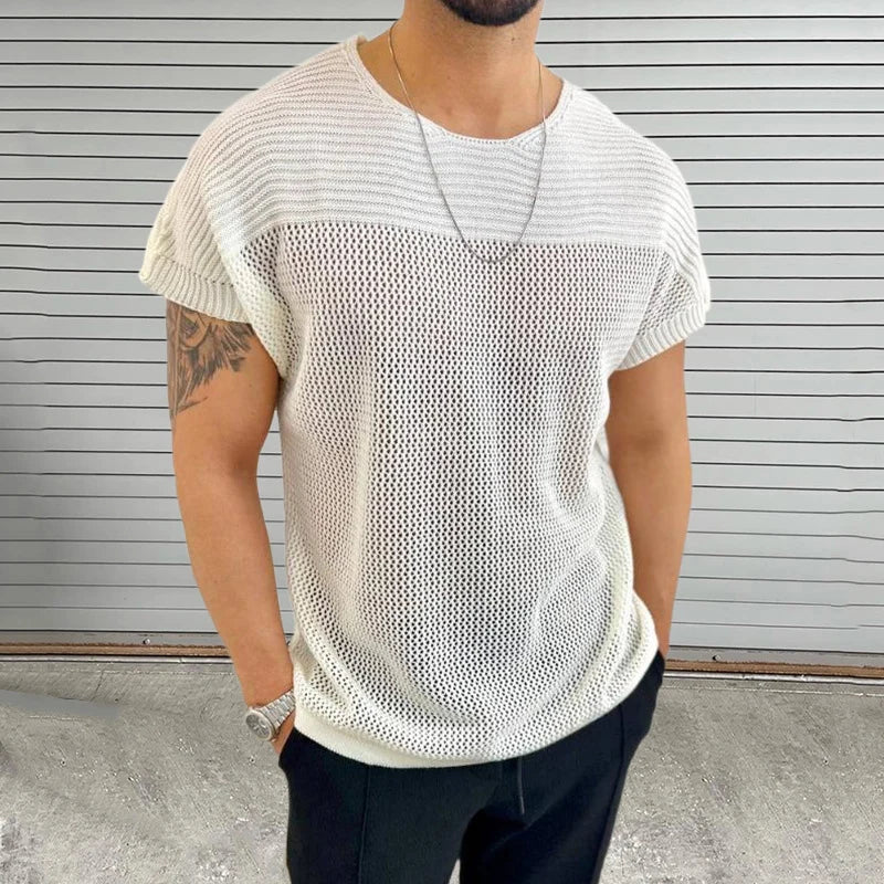 Hehope Knitting Hollow Out Breathable Thin T Shirt Mens Summer Fashion Pure Color Knitted T-shirts Men Casual O Neck Short Sleeve Tops