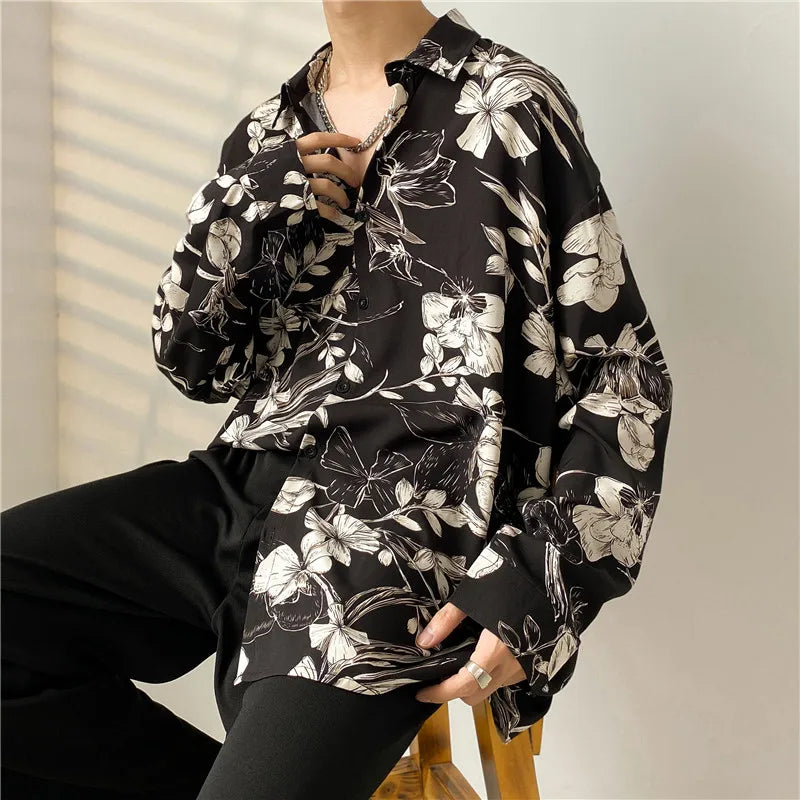 Hehope New Autumn Luxury Fashion Oversized Men Shirt Casual Flowers Print Loose Long Sleeve Shirts for Men Clothing Tops