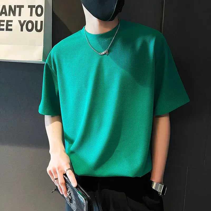 Hehope Men's Clothing Round Neck Straight Short Sleeve Solid Color Simplicity T-Shirts Pullovers Business Casual Fashion Korean Summer