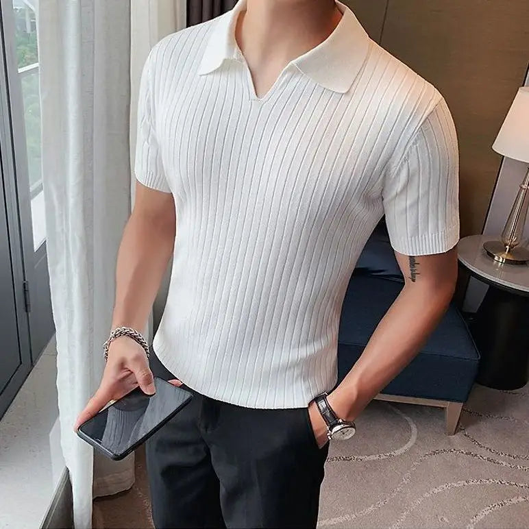 Hehope Korean Business Casual Summer New Ice Silk Men's Short Sleeved Polo Shirt Lapel Solid Jacquard Stripe Screw Thread Slim Thin Top