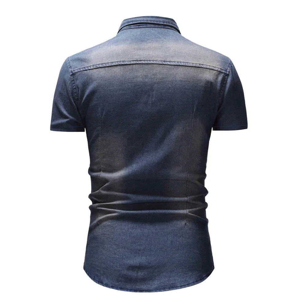 Hehope Summer New Simple Men Denim Shirt Casual Business Mens Short Sleeve Shirts Fashion Polo Collar Male Tops