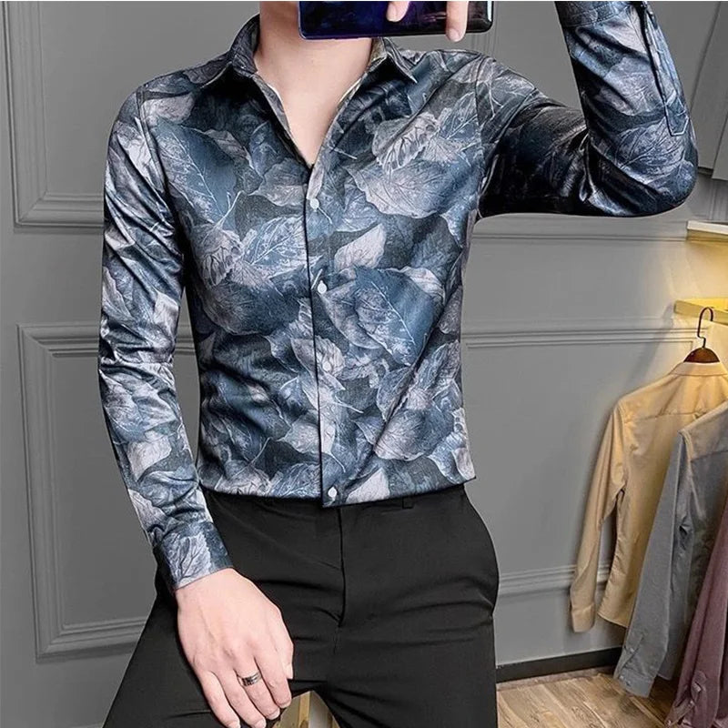 Hehope Summer Handsome Retro Loose Casual England Style Men's Shirt Irregular Print Polyester Button Lapels Long Sleeve Y2K Chic Tops