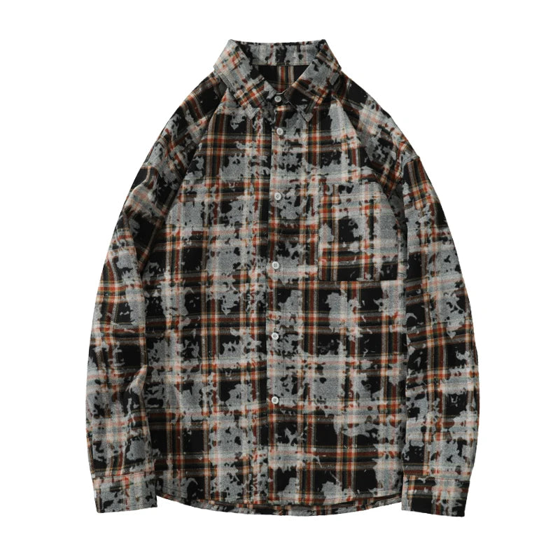 Hehope Japanese Retro Plaid Tie-Dye Long Sleeve Shirt for Men Baggy Casual Shirts Spring and Autumn Trend Men and Women Blouse