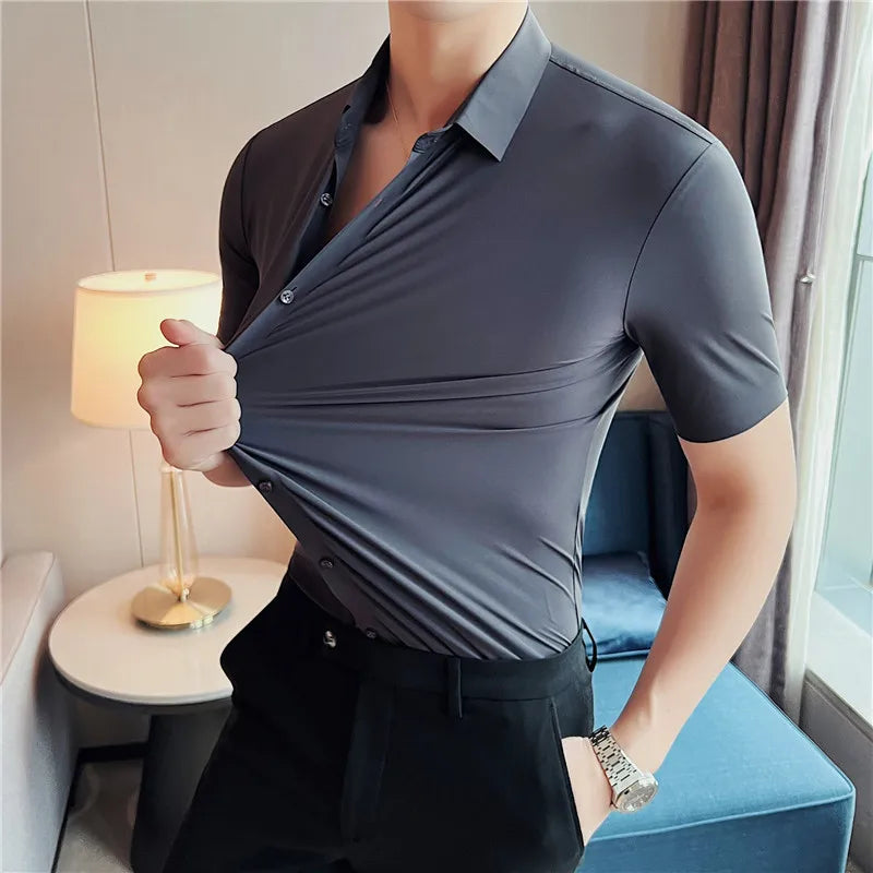 Hehope High elasticity Men Shirt Short sleeve 2024 Summer Anti-wrinkle Soft Thin Solid Casual Slim Fit Formal Dress Shirt Men Clothing