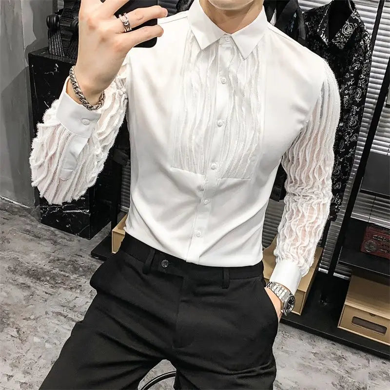 Hehope Spring Autumn Y2K Fashion Harajuku Shirt Men All Match Loose Casual Tops Patchwork Blusa Long Sleeve Button Lace Male Clothes