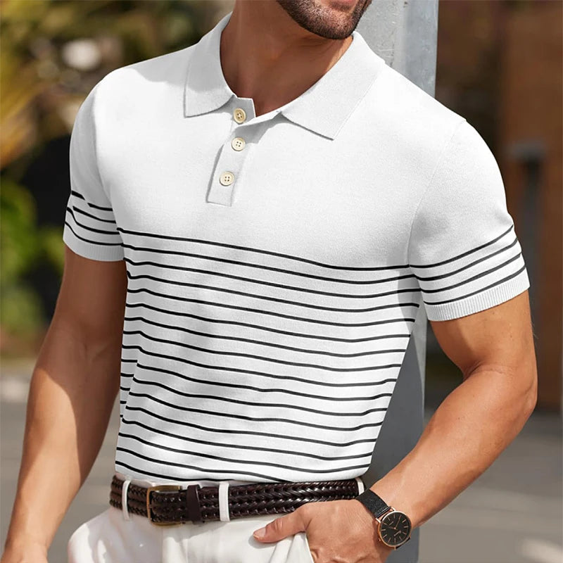 Hehope Ice Silk Knitted Mens Polo Shirts Short-sleeved Button Lapel T-shirt Summer Fashion Striped Printed Slim Fit Knitting Tops Male