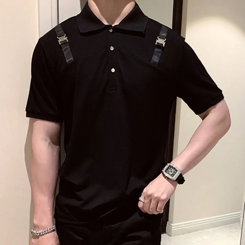 Hehope Shoulder Strap Decorate Polo T-shirt Men Quality British Lapel Short Sleeved Polo Shirt Summer Business Simple