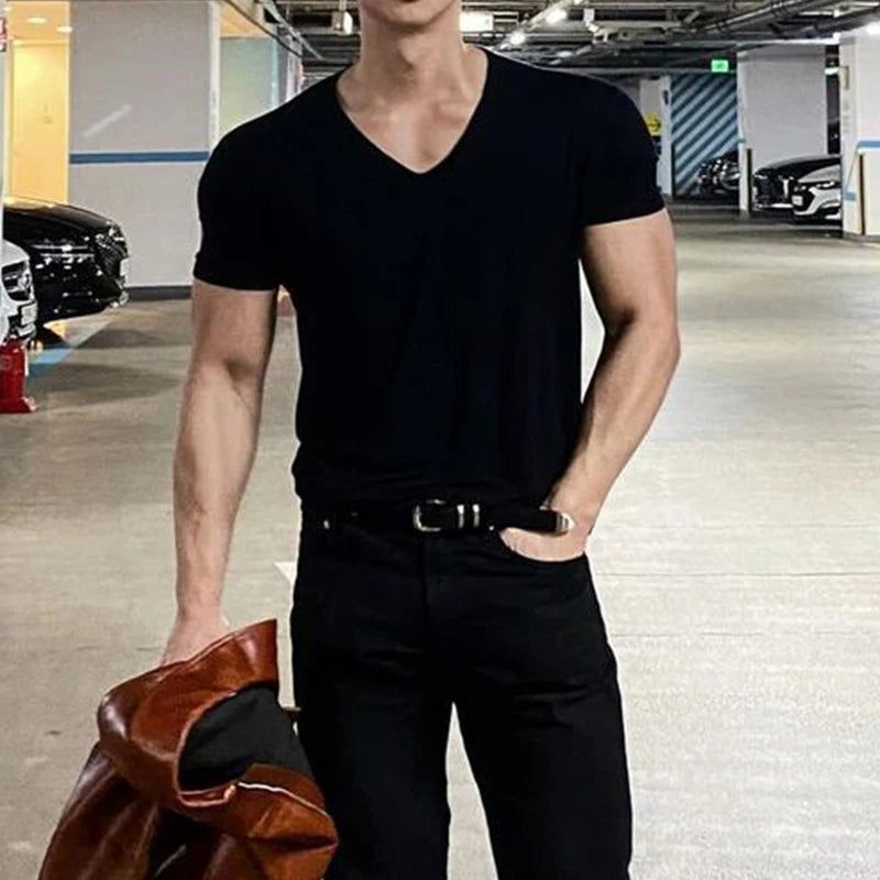 Hehope Sports Fitness Muscle Slim T Shirts Men Casual Short Sleeve V Neck Tops Summer Fashion Solid Color Pullovers Mens Clothes Gyms