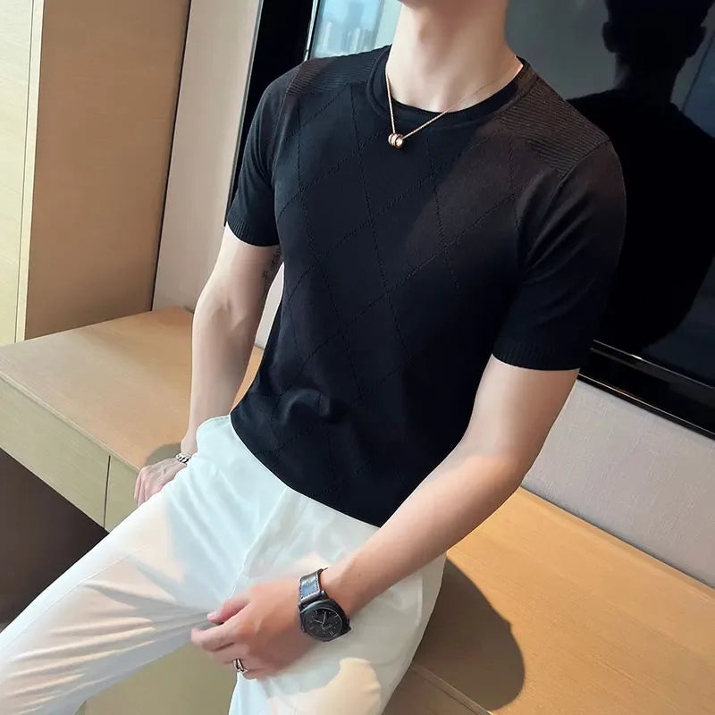 Hehope Men's Short Sleeve T-shirt Summer Thin High Elastic Slim Fit Knit Tee Shirts Tops O Neck  Solid Casual Fashion Men Clothing