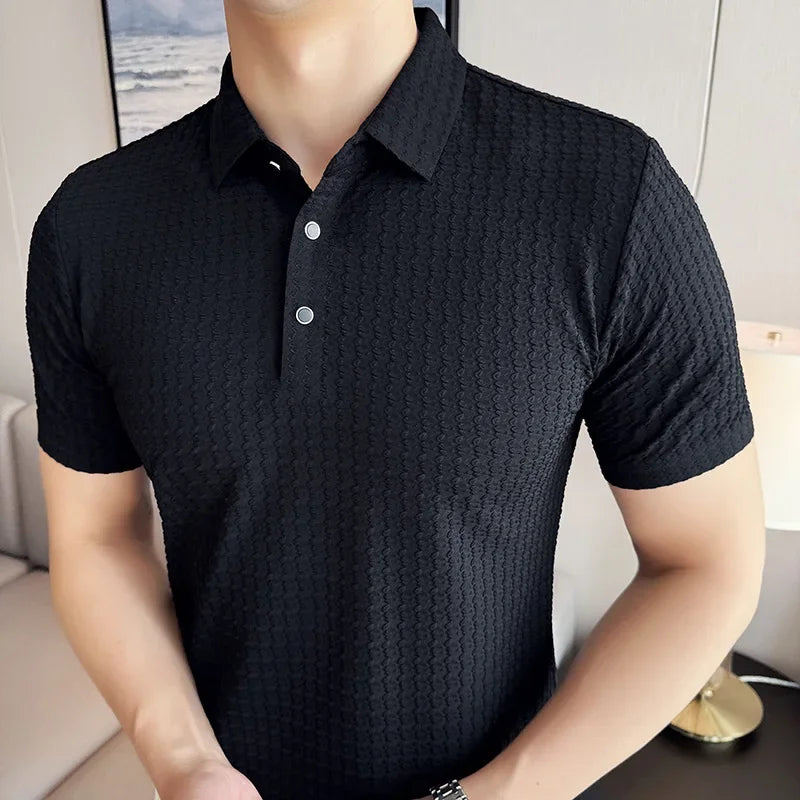 Hehope High Elasticity Men Polo Shirt 2024 Summer New Ice Silk Waffle Solid Color Short Sleeved Casual Lapel T-shirt Men Clothing