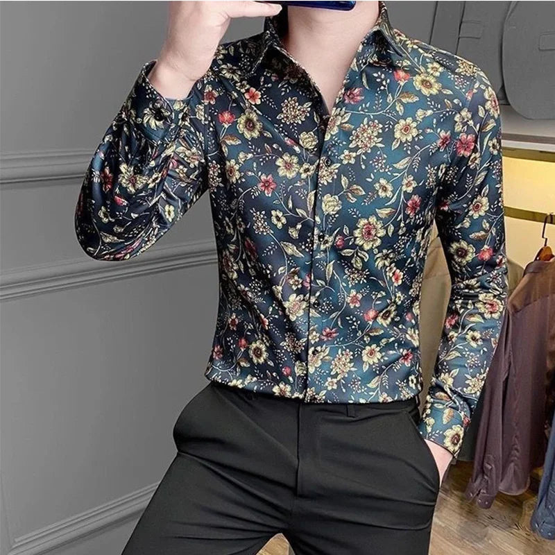 Hehope Summer Handsome Retro Loose Casual England Style Men's Shirt Irregular Print Polyester Button Lapels Long Sleeve Y2K Chic Tops