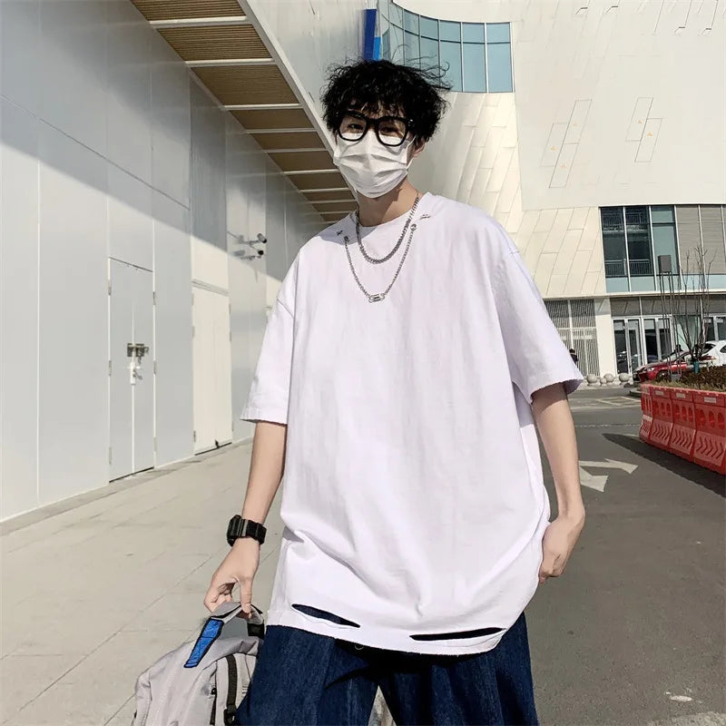 Hehope Solid Chain Men's Tshirts Summer Short Sleeve Casual Male Tees Puncture for Hem Loose Hip Hop O-neck T Shirts for Man