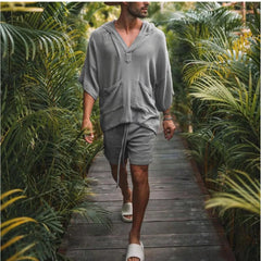 Hehope Spring Summer Two Piece Sets Casual Mens Solid Cotton Linen Seventh Sleeve Tops + Shorts Loose Suit Men Homewear Fashion Outfits