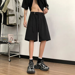 Hehope Korean Style Mens Casual Shorts Ribbons Belt Knee-Length Suit Pant Black Beige Elastic Waist Loose Summer Short Trouser Boy