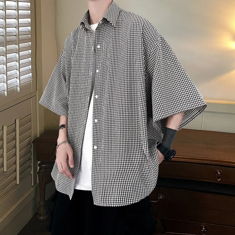 Hehope Told Tale HIP HOP Streetwear Casual Plaid Shirt Men'S Half Sleeve High Quality Loose Spring Summer Fashion Chemise Homme