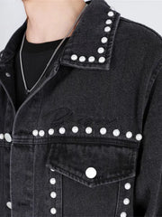 Hehope Pearl Rivet Denim Jacket Men Women Rendy Versatile Jacket Casual Fashion Spring Autumn Turn-down Collar High Street Short Coat