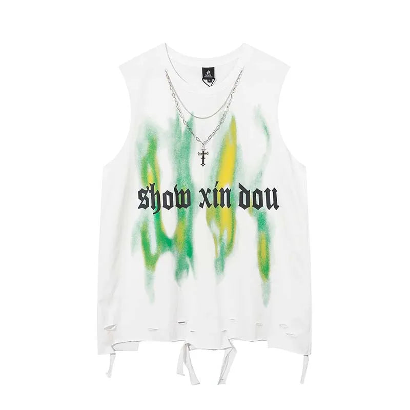 Hehope New Summer Retro Necklace Washed Vest Men's Streetwear Oversized Trendy Hole Sleeveless T-shirt Women Hip Hop Casual Tank Top