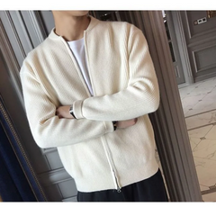 Hehope New Spring and Autumn Korean Edition Trend Stand Collar Solid Color Pit Stripe Slim Fitting High-end Men's Sweater Cardigan