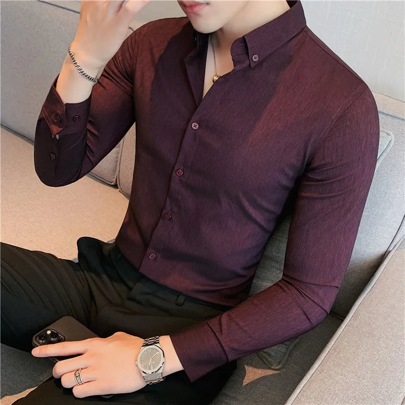 Hehope British Style Men Long Sleeved Shirt 2024 Autumn Anti-wrinkle Soft Solid Casual Elastic Slim Fit Camisas Y Blusas Men Clothing