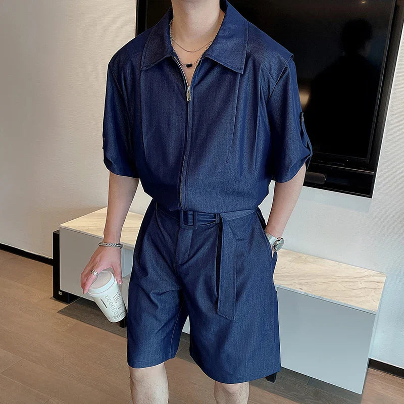 Hehope Summer Fashion Denim Short Sleeved Shirt Set Men's Loose Shorts Two-piece Set Oversized Social Streetwear Harajuku Set