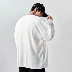 Hehope 2024 New Trendy Men's Minimalist and Versatile V-neck Pit Stripe Long Sleeved Elastic Solid Casual Loose Oversized T-shirt