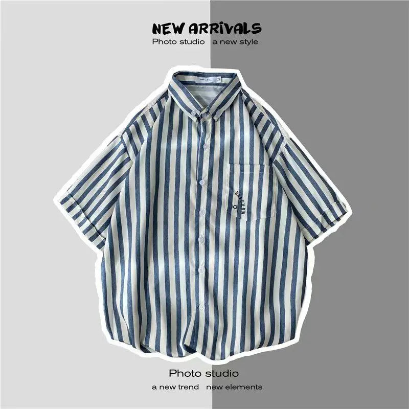 Hehope Summer New Fashion Turn-down Collar Short Sleeve Shirt Man High Street Vertical Stripe Single Breasted Personality Tops