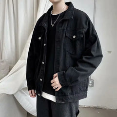 Hehope Black Denim Short Jacket Men Turn Down Collar Bomber Jacket Jeans Coats Casual Pockets Overalls Streetwear Man Clothing Outwear